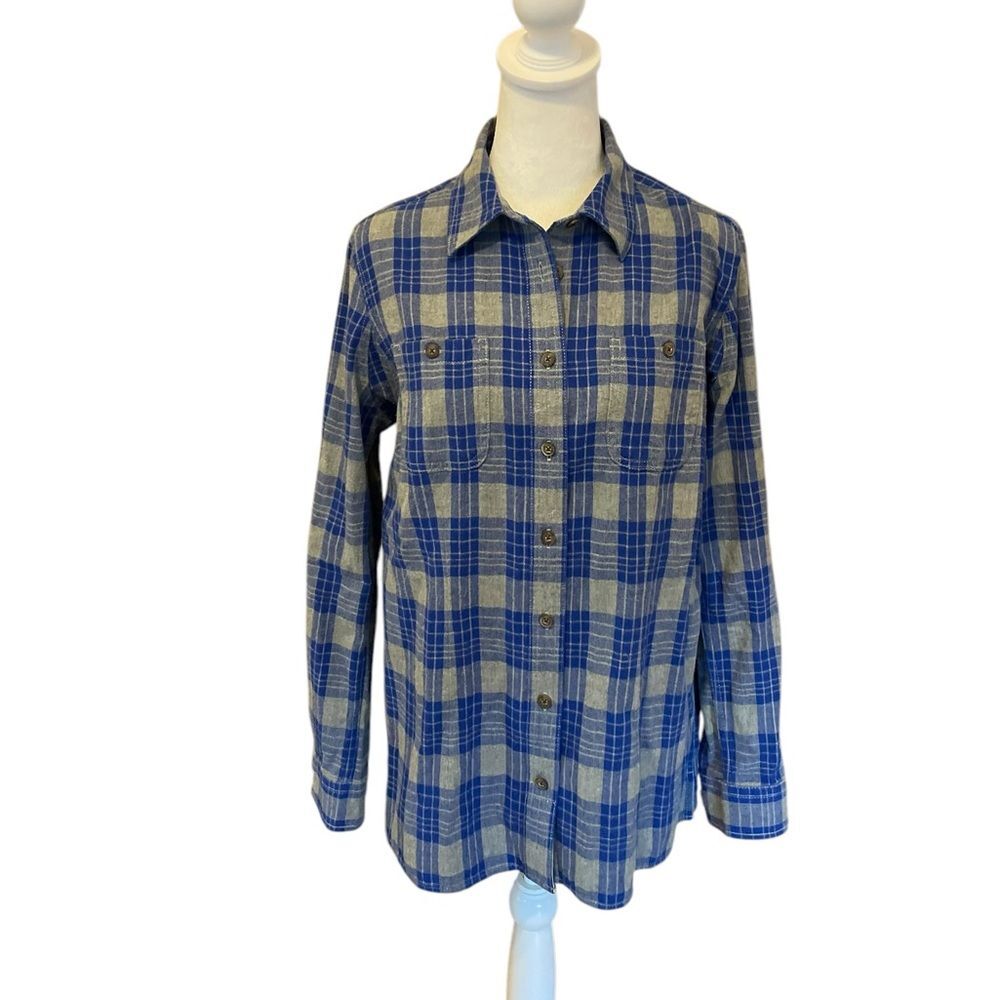 Duluth Trading Co Free Swingin Plaid Flannel Shirt Blue Gray Womens Small